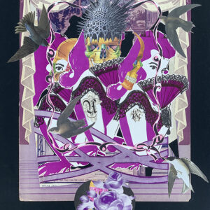 A collage of purple and black with birds.