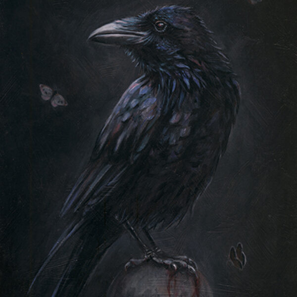 </br><b>Cate Rangel</b></br><i>Raven</i></br>Acrylic on Panel<br>5” x 7” (unframed) 7.5” x 9.75”(framed) •  $275.<br><font size="+9"><font color="red">  •</font></font>