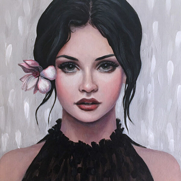 </br><b>Cate Rangel</b></br><i>Woman with Flower</i></br>Acrylic on Panel<br>8” x 10” (unframed) 11” x 13”(framed) •  $500. <br>