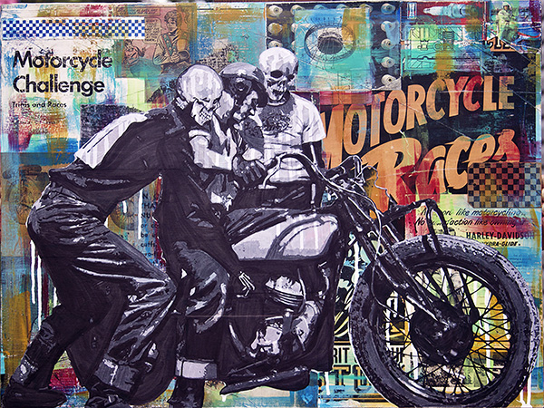 </br><b>Chris Galley</b></br><i>Motorcycle Challenge</i></br>Acrylic, collage and marker on <br>vellum wheat pasted on board<br>18” x 24” •  $900. <br>