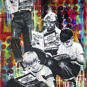 A painting of four boys reading books