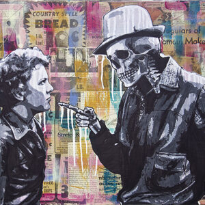 A painting of two people with one holding something in his mouth