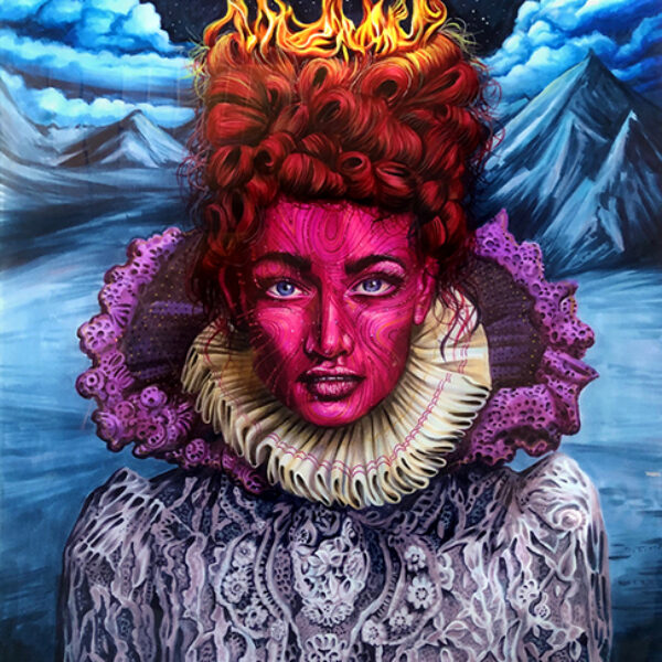 </br><b>Joshua Roman</b></br><i>Heavy Lies the Crown</i></br>Marker, acrylic, glitter and resin <br>on paper mounted to cradled wood panel<br>16” x 20” •  $600.<br><font size="+9"><font color="red">  •</font></font>