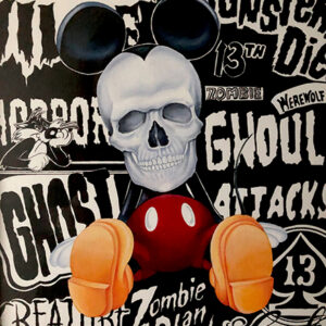 A mickey mouse painting with words and skulls