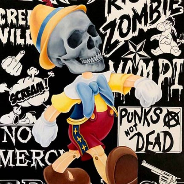 </br><b>Kerri Hobba</b></br><i>Skull Pinocchio</i></br>Acrylic / Ink<br>16.5” x 11.5” (unframed)  18” x 13” (framed) •  $450. <br>