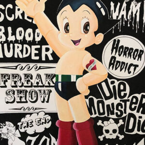 A painting of astro boy with various other related items.