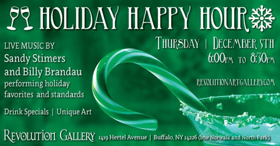SANDY_BILLY_HAPPY-HOUR-1 Holiday Happy Hour event announcement poster.