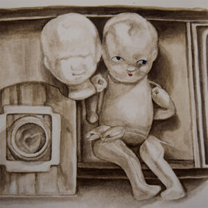 A drawing of two dolls and a camera
