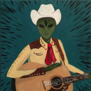 A painting of a person with a hat and guitar