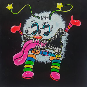 A painting of a furry creature with teeth and tongue hanging out.