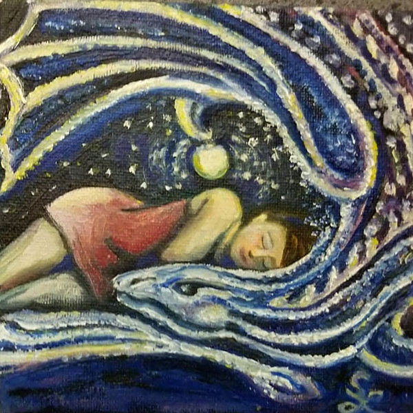 </br><b>Stacey Lechevet</b></br><i>She Sleeps with Dragons</i></br>Acrylic<br>5” x 5”  •  $150.</br><font size="+9"><font color="red">  •</font></font>