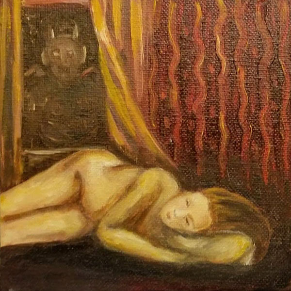 </br><b>Stacey Lechevet</b></br><i>The Summoning</i></br>Acrylic<br>5” x 5”  •  $150.</br><font size="+9"><font color="red">  •</font></font>