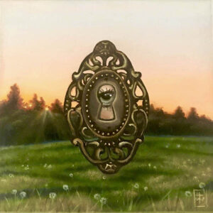 A painting of a mirror with a keyhole in it.