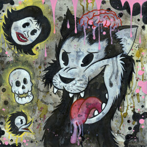A painting of a cat with a skull and some other skulls