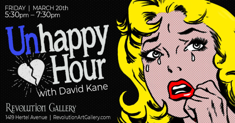 UNHAPPY_HOUR_MARCH20th-1 Pop art woman crying, "Unhappy Hour" event.