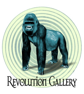 A gorilla is standing in front of the revolution gallery logo.