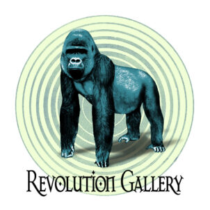 A gorilla is standing in front of the revolution gallery logo.