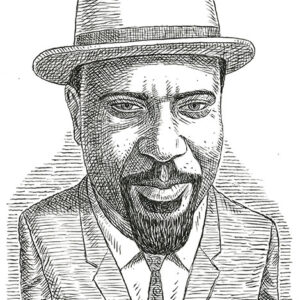 A man with a beard and hat in a pen-drawing.
