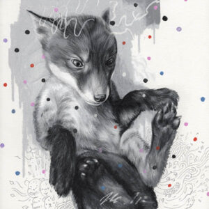 A painting of a wolf with colored dots around it.