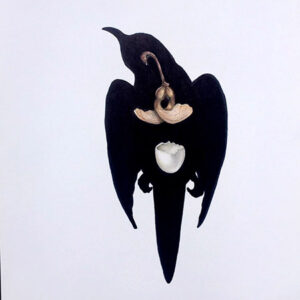 A painting of an evil looking demon with wings.