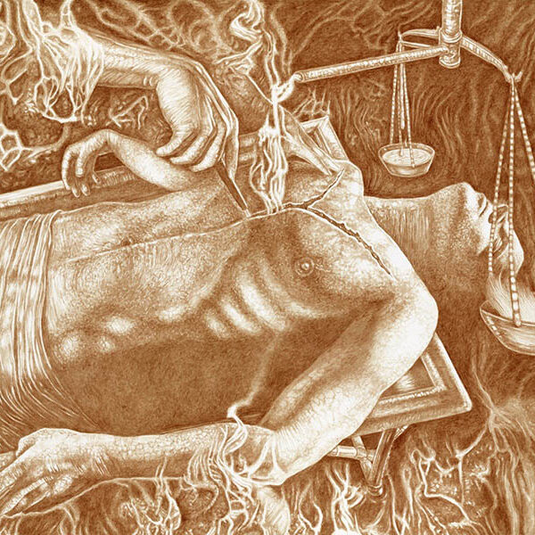</br><b>Vincent Castiglia</b> </br> <i>Autopsy of The Soul</i></br>Human blood on Fabriano </br>22” x 30”  •  $10,000.</br>