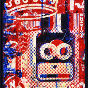 A red, white and blue picture of a camera.