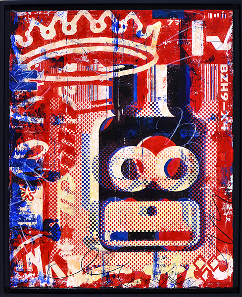 </br><b>John Arnold</b></br><i>Dime Store Hero</i></br>Mixed media on wood panel</br>16” x 20”  •  $650.</br></br>