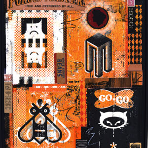 A collage of various items including an orange and black background.