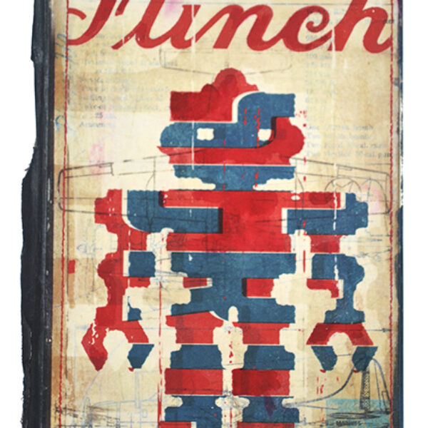 </br><b>John Arnold</b></br><i>Flinch</i></br>Mixed media on vintage book cover</br>6” x 9.25”  •  $250.</br></br>