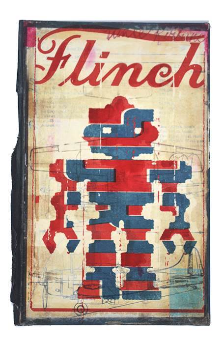 </br><b>John Arnold</b></br><i>Flinch</i></br>Mixed media on vintage book cover</br>6” x 9.25”  •  $250.</br></br>