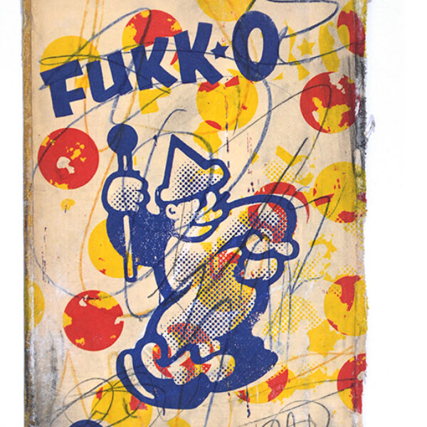 </br><b>John Arnold</b></br><i>Fukk-o</i></br>Mixed media on vintage book cover</br>5” x 7.5”  •  $250.</br></br
