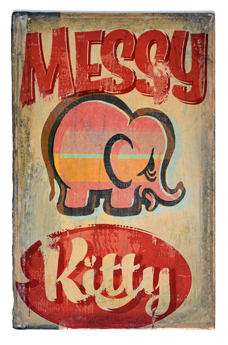</br><b>John Arnold</b></br><i>Messy Kitty</i></br>Mixed media on vintage book cover</br>6” x 9.5”  •  $250.</br></br>
