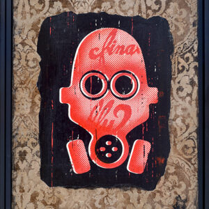 A painting of a red gas mask on a brown background