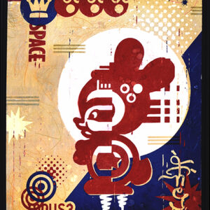 A painting of mickey mouse with the word " space " written on it.