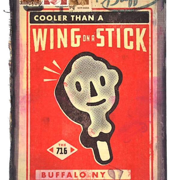 </br><b>John Arnold</b></br><i>Wing on a Stick</i></br>Mixed media on vintage book cover</br>5.5” x 8.25”  •  $250.</br></br>
