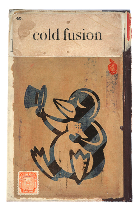</br><b>John Arnold</b></br><i>Cold Fusion</i></br>Mixed media on vintage book cover</br>5.5” x 8.5”  •  $250.</br></br>