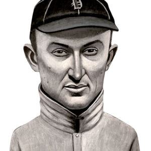 A drawing of a baseball player wearing a hat.