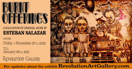 BURNT_OFFERINGS_FBbanner-1024x536-450x235-1 Art exhibit poster with eerie illustrations.