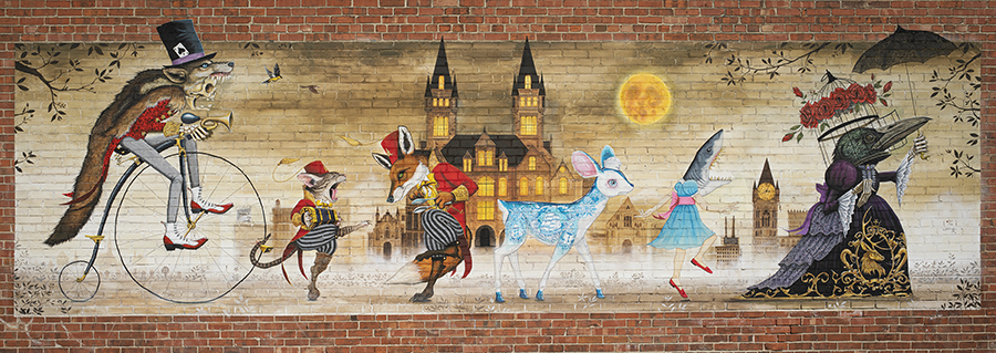 queen_city_procession_pic_by_kckratt Whimsical mural with animals in Victorian attire.