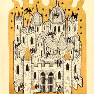 A drawing of a castle with people in it