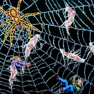 A painting of a spider and its web