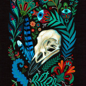 A painting of a skull and feathers in the middle of a floral pattern.