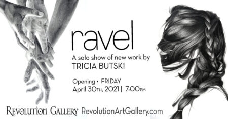 RAVEL_TRICIA_BUTSKI_SOLO_SHOW._final-1024x536-450x235-1 Art exhibition poster with hands and braided hair.
