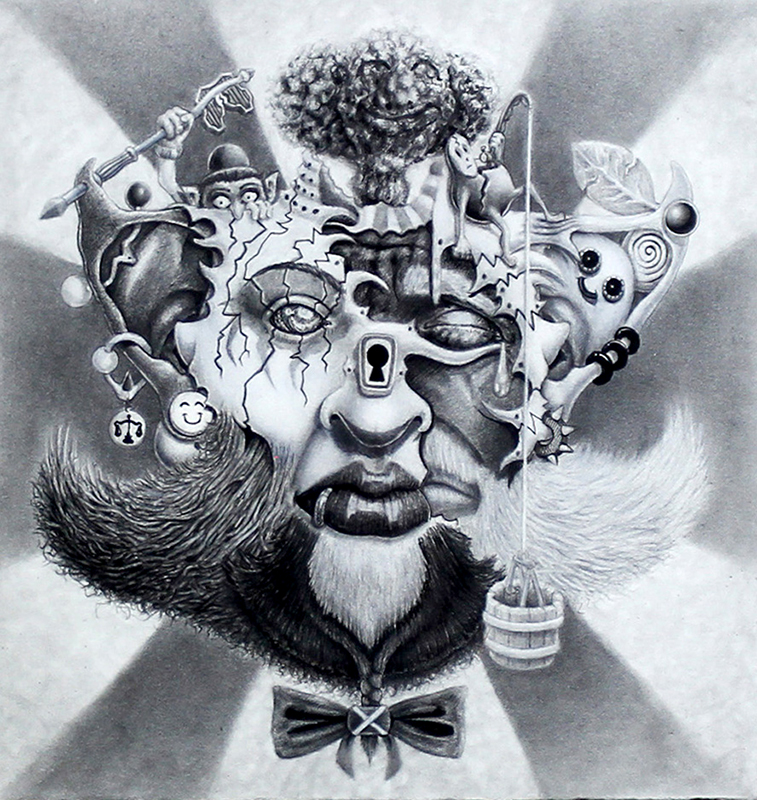 pop surrealist drawing of a face with things comprising it