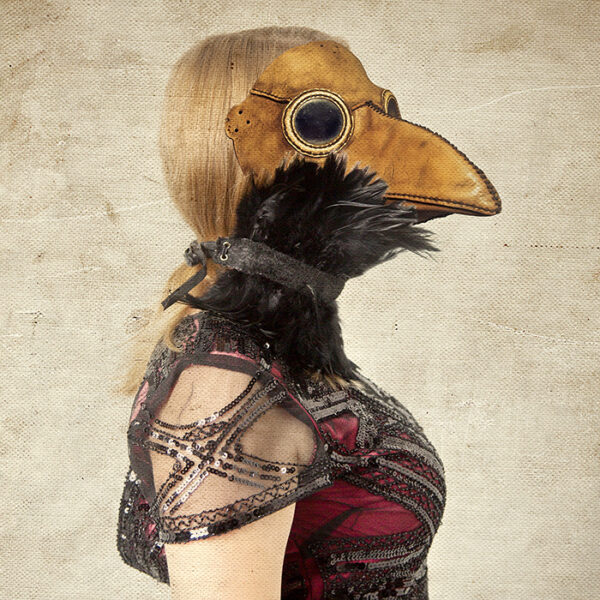 Manipulated photo of a girl hybrid with plague doctor mask