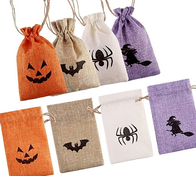 Halloween-themed drawstring bags with spooky designs.