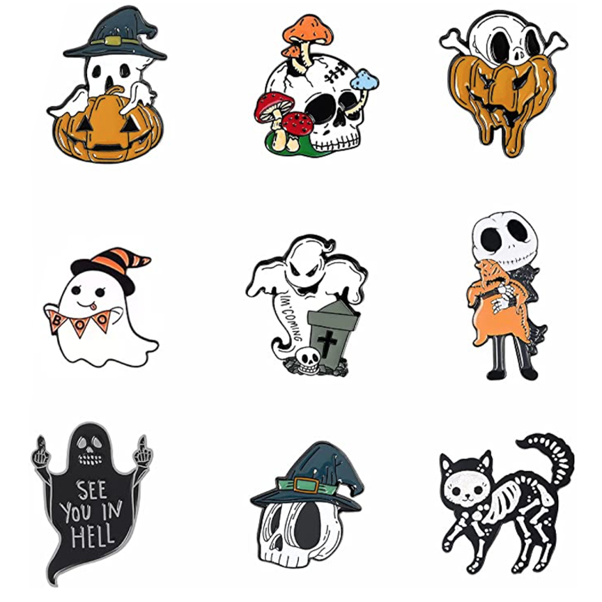 DAY24_PINS-1 Halloween-themed cartoon ghost and skeleton figures.