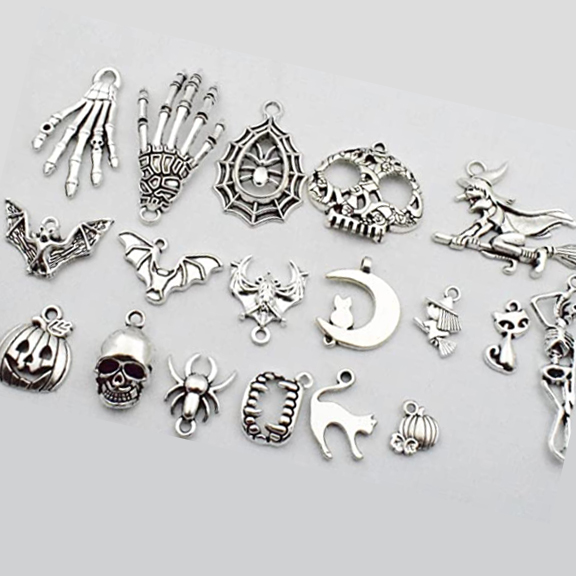 Halloween-themed silver charms assortment.