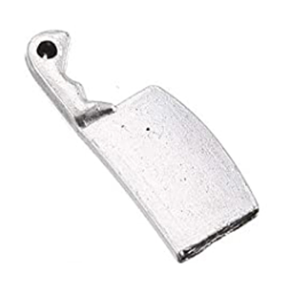 DAY_13_CLEAVER-1 Metal cleaver-shaped pendant with hole.