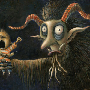 A painting of a troll and a boy